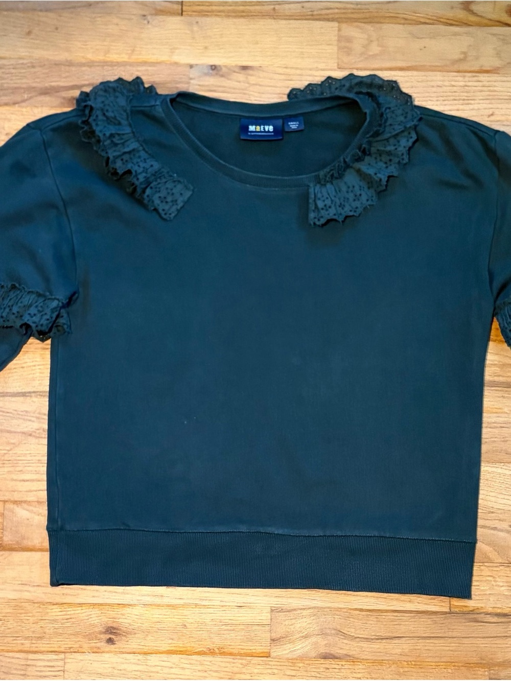 Maeve Dark Green Crew-Neck Sweatshirt with Eyelet Trim